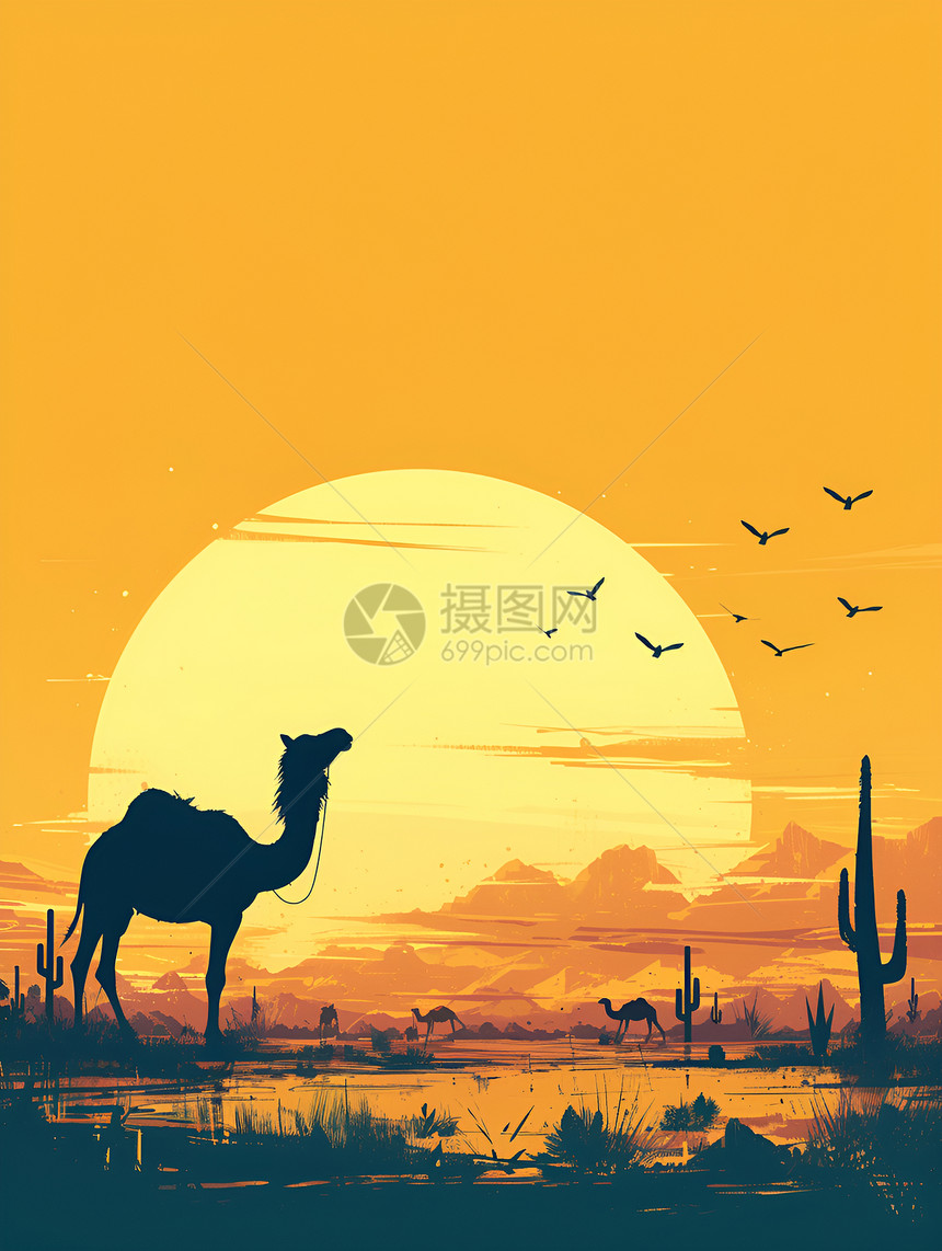 沙漠黄昏上的骆驼图片
