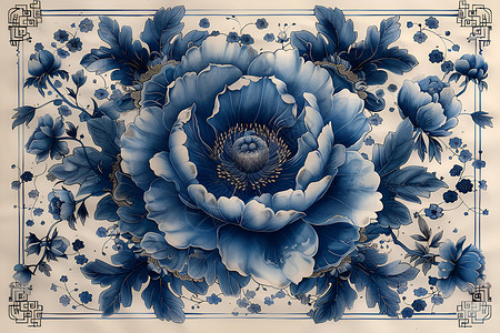 立体装饰插图蓝白交织的牡丹插画