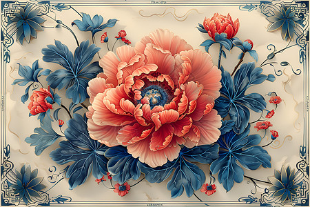 瓷砖图案青花瓷瓷砖上绘有精细花卉图案插画