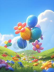 花状气球在草地上飘荡背景图片