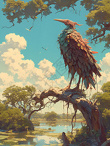 酒红朱雀鸟类树枝上的朱雀插画