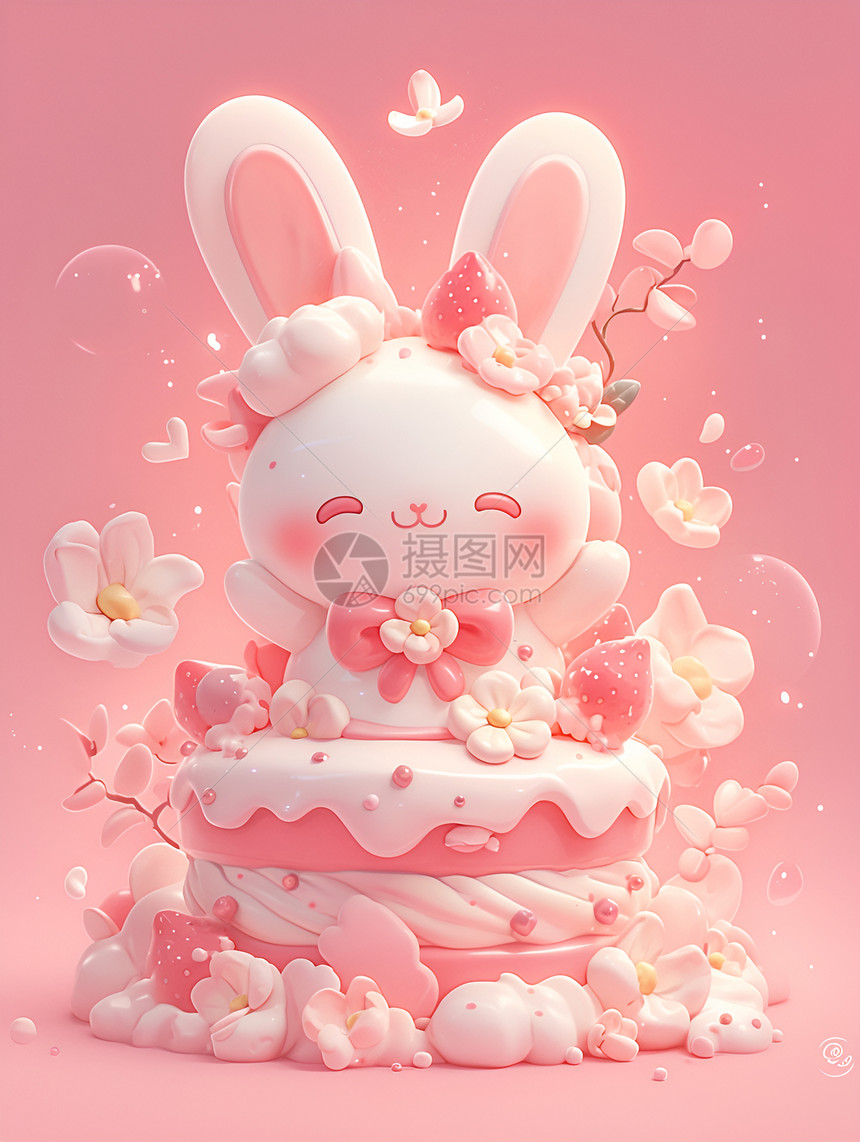粉色蛋糕上的兔子与花朵图片