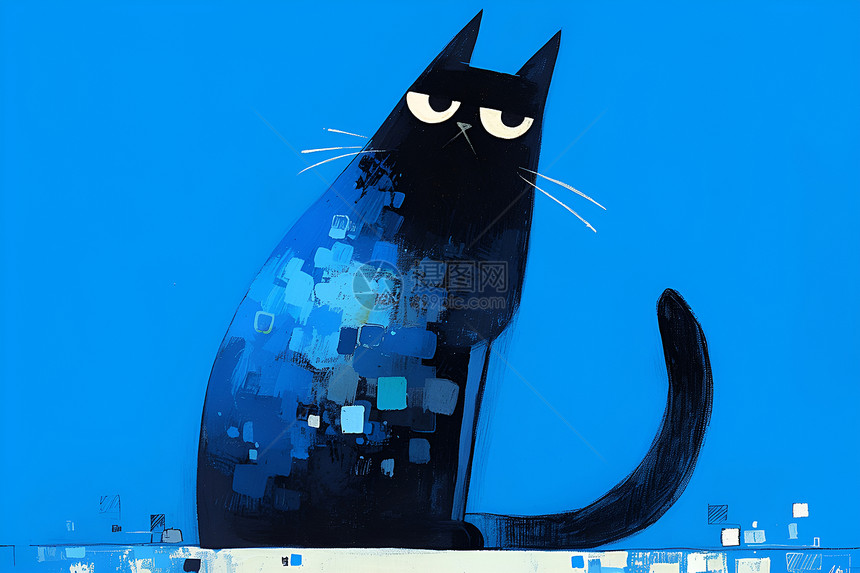 抽象的蓝色猫咪插画图片
