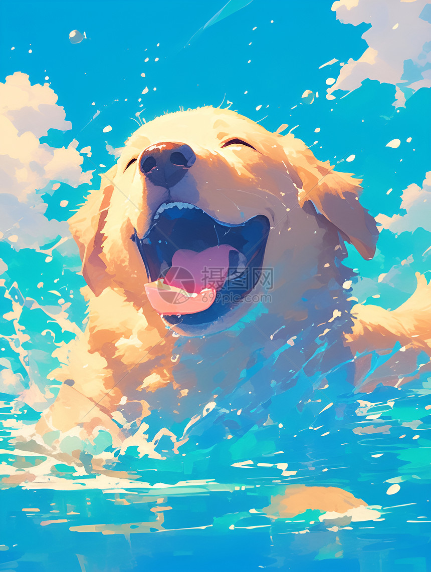 欢乐的狗狗在炎热的夏日游泳图片