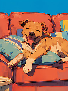 满足狗狗舒适地躺在沙发上插画