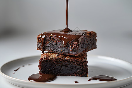 巧克力布朗尼两块蛋糕上滴着巧克力酱背景