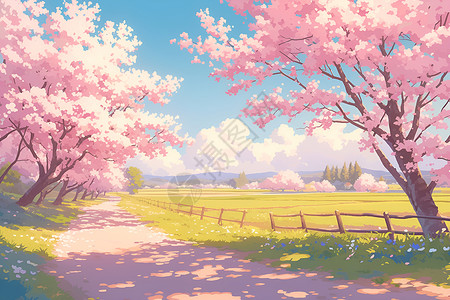 公园小径花园小径粉色盛开的樱花树插画