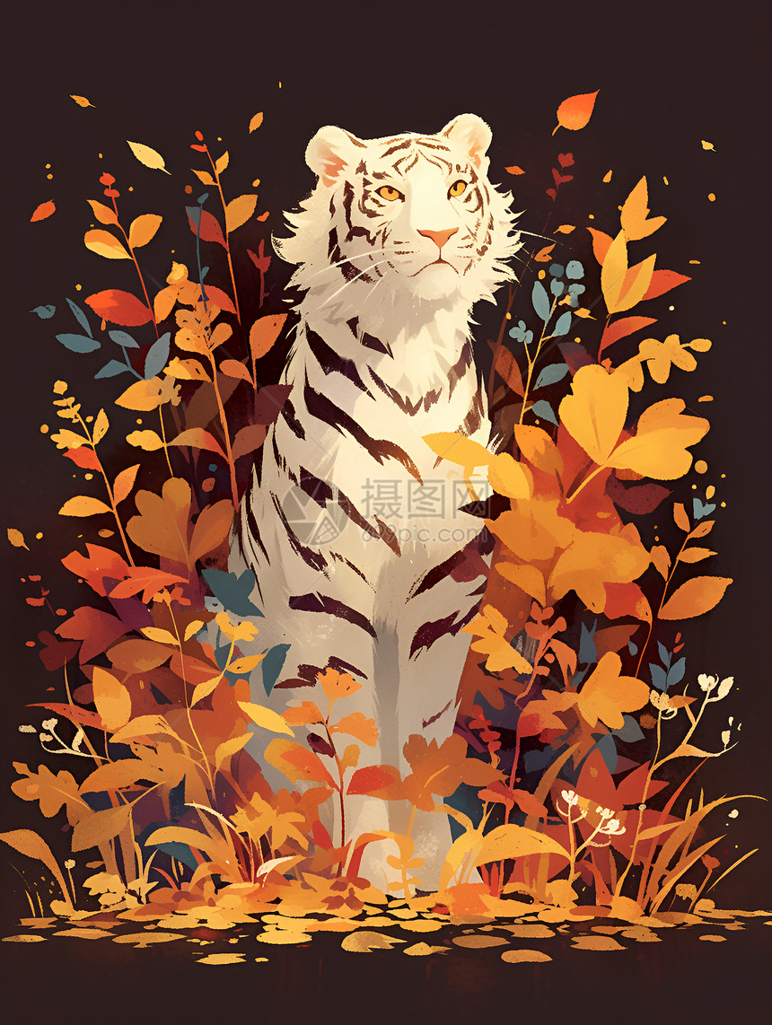 秋叶中的动物老虎图片