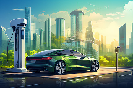 绿色能源汽车城市里的绿色能源充电站插画