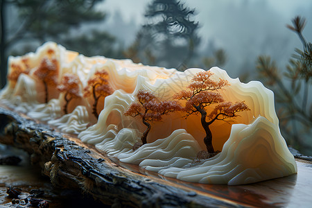 雕刻打磨木托上的玉石山峦设计图片