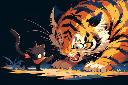对峙老虎和黑猫插画
