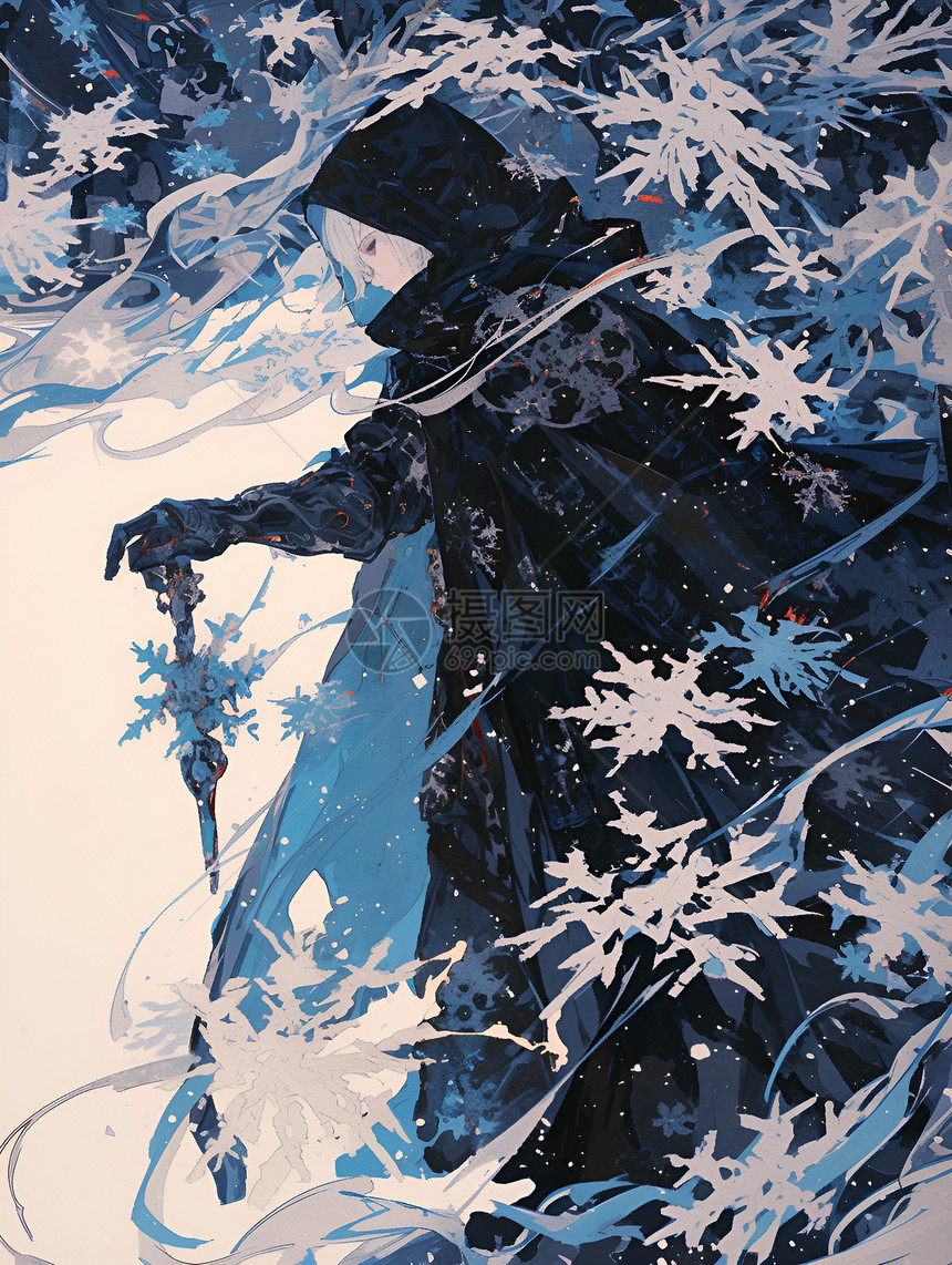 冰雪山林里的剑客图片