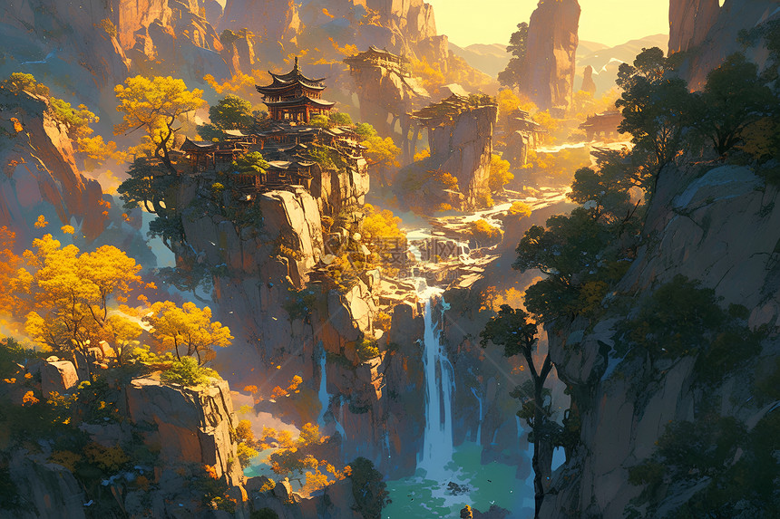 金色落日下的山川瀑布图片