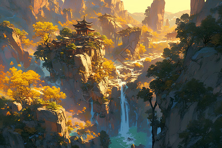 金色大瀑布喷泉金色落日下的山川瀑布插画