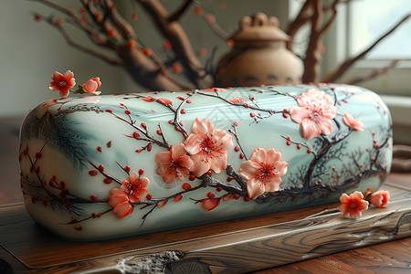 山水摆件木桌上的粉彩瓷枕背景