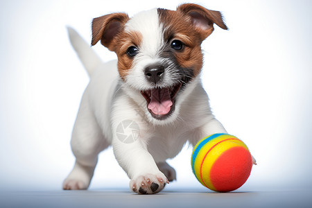 叼着牌子小狗小狗带着球玩耍背景