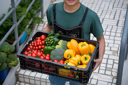 竹条蔬菜篮子配送新鲜蔬果的男人背景