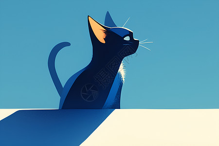 英短猫蓝猫黑猫静坐白墙下插画