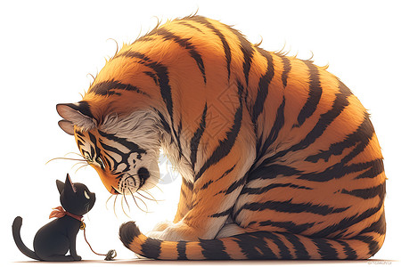 可爱的黑猫与威武的老虎高清图片