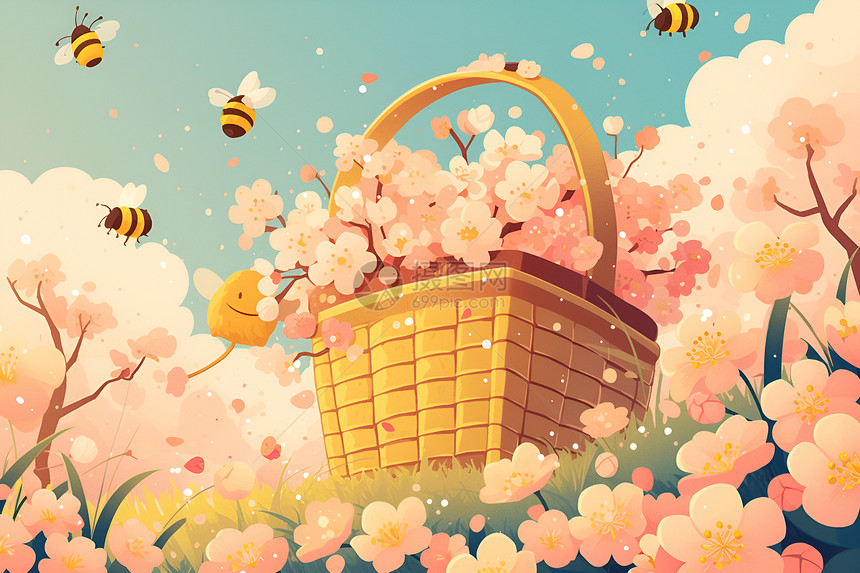 春日花篮周围嬉戏的蜜蜂图片
