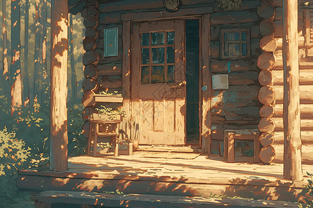 阳光沐浴着宁静的小木屋背景图片