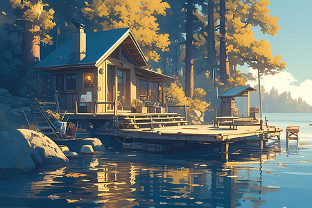 湖畔小屋背景图片