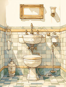 卫生间角落复古式的卫生间插画