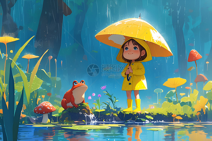 小女孩在雨中探险图片