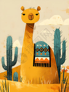 沙漠中的仙人掌沙漠中的骆驼和仙人掌插画