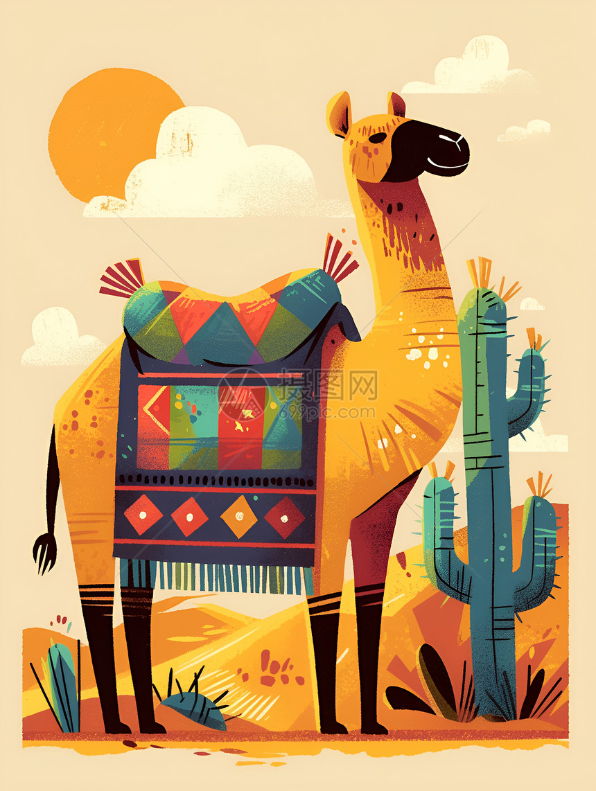 沙漠上的骆驼和仙人掌图片