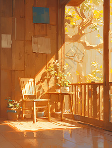 门家装阳光照耀下的小木屋插画