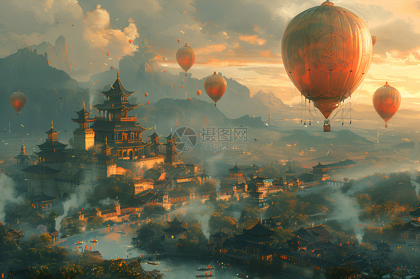飞过山脉寺庙的热气球图片