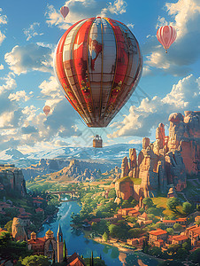 河道上旅行的热气球背景图片