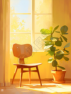 窗户影子阳光倾洒在木椅上插画