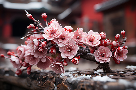 鲜艳梅花红墙下的梅花背景