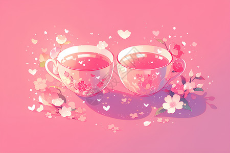 粉色叶片粉色杯中的饮品插画