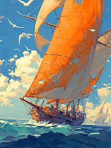 风吹起木船的帆插画
