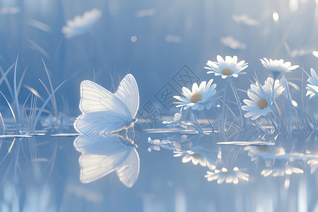蝴蝶在静谧池塘上背景图片