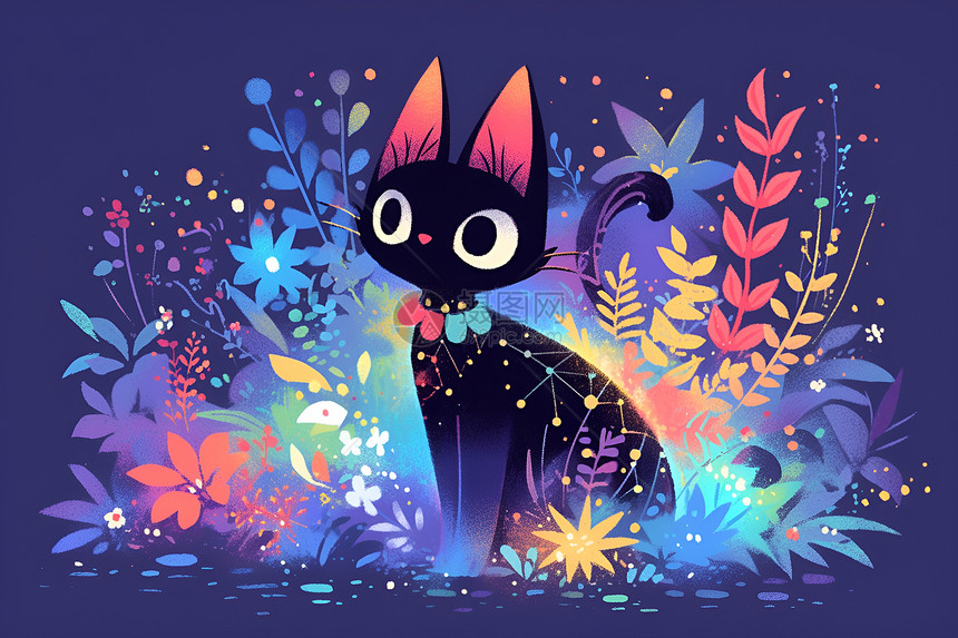 草地上的黑色猫咪图片