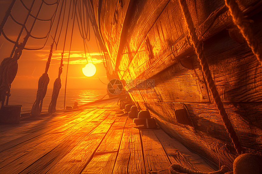 夕阳下的木船图片