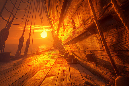 小舟夕阳下的木船插画