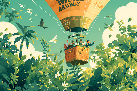 高空探险热气球飞越茂密绿林高清图片