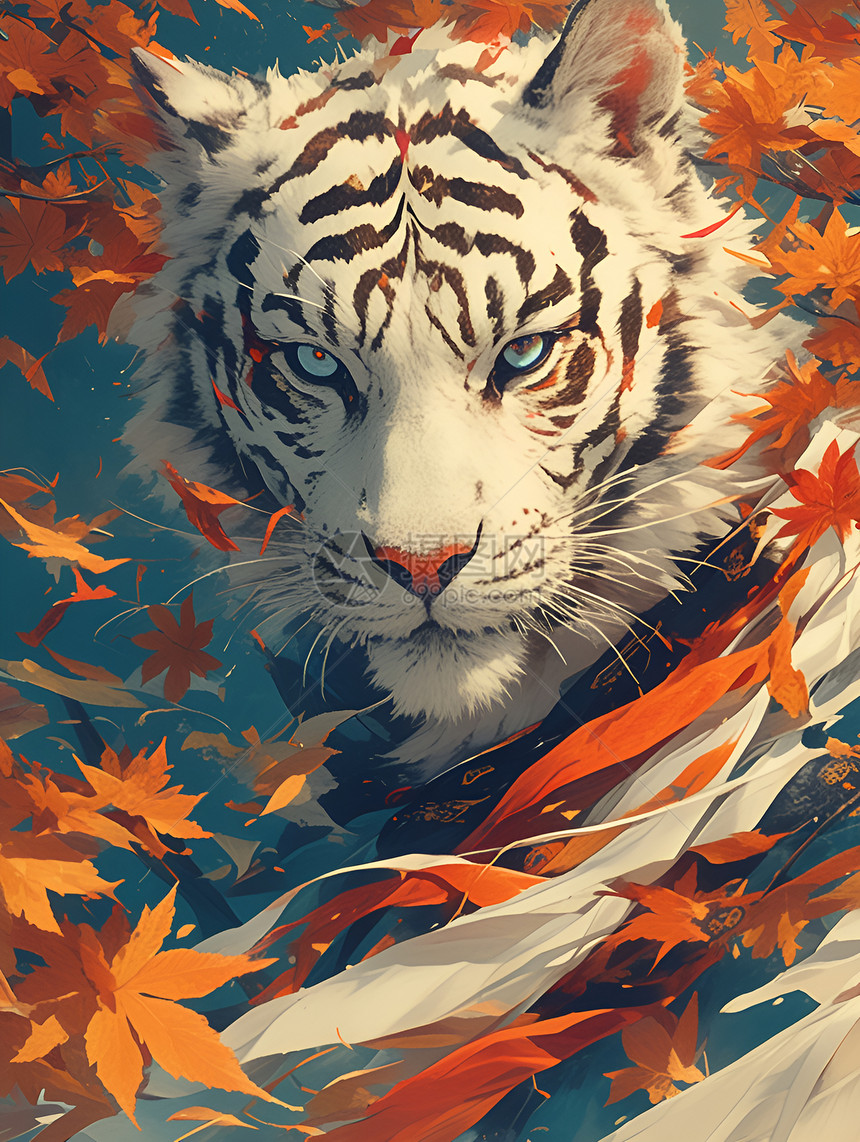 秋叶中的白虎插画图片