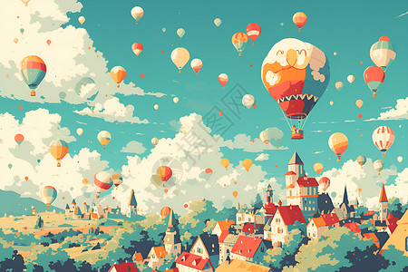 小镇上空的热气球背景图片