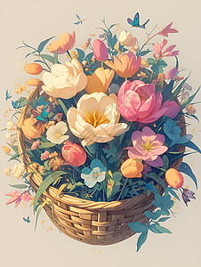 植物设计设计的篮子和花卉插画