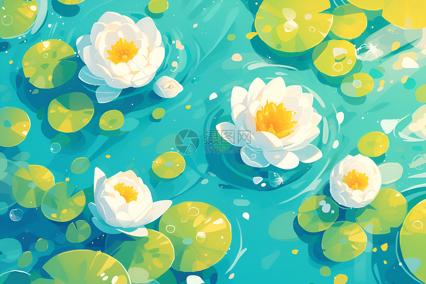 阳光池塘里漂浮的莲花图片