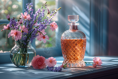 花瓶鲜花素材窗台上的金色香水瓶背景
