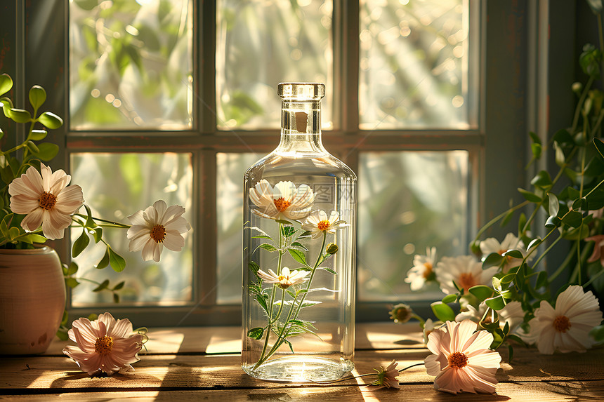 透明酒瓶里的花朵图片