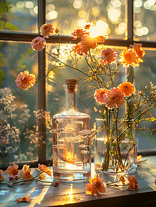窗台上的玻璃酒瓶背景图片