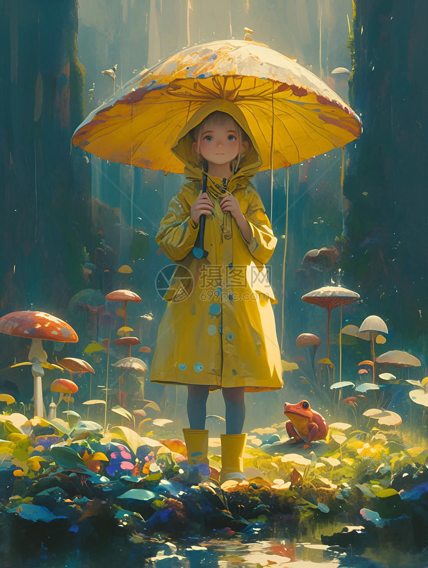 雨中撑伞的小女孩图片